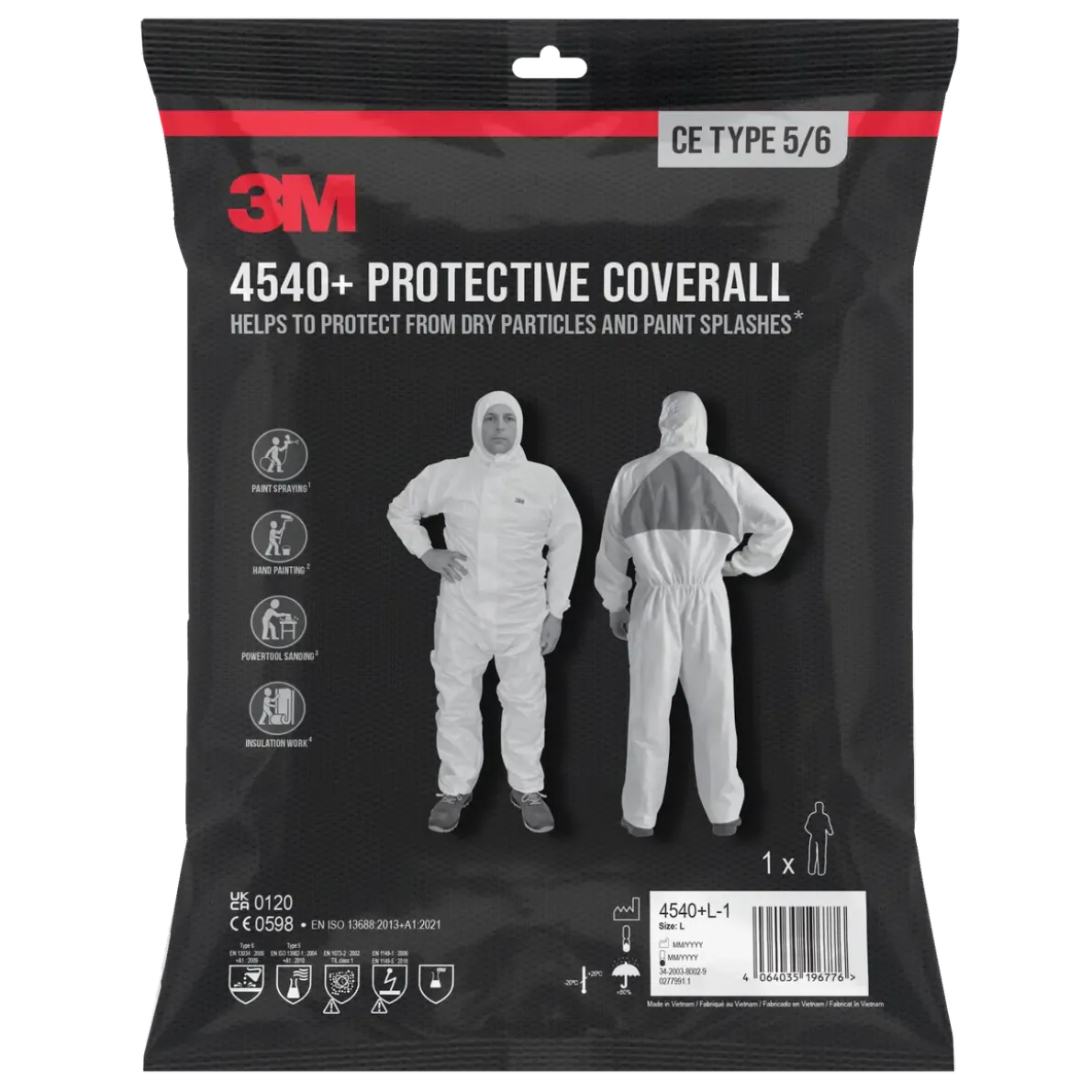 SKYDDSOVERALL 4540+ CE TYP 5/6 VIT MED BLÅ TRIANGEL L