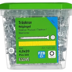 TRÄSKRUV FÖRSÄNKT HUVUD TX20 HELGÄNGAD FZB 4,0X20 200ST