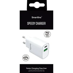 VÄGGLADDARE USB-A + USB-C PD QC SMARTLINE VIT 100-240V 20W