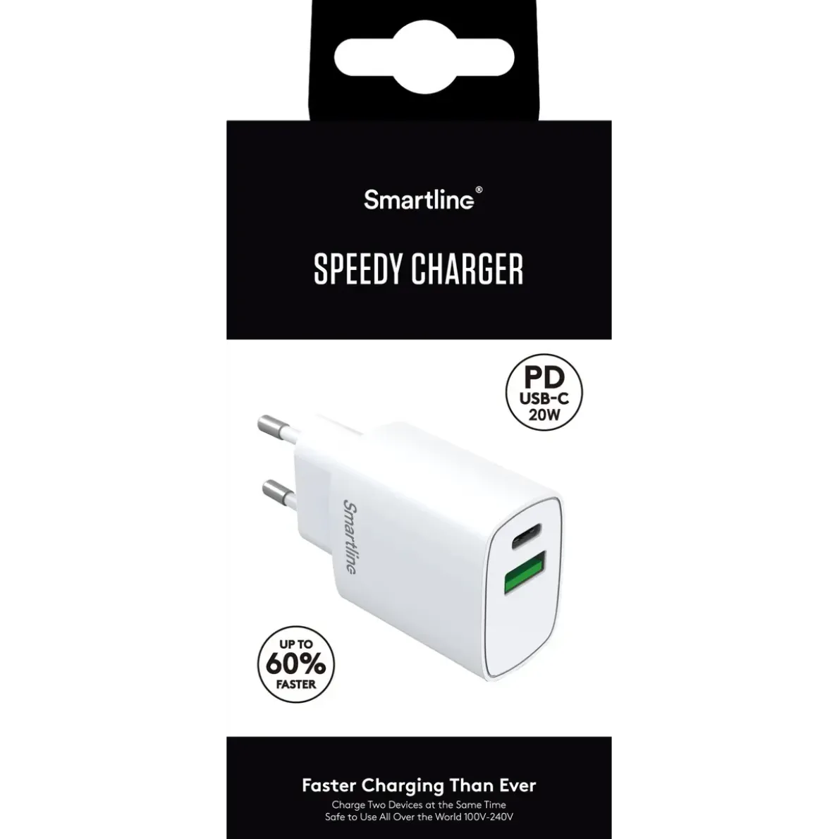 VÄGGLADDARE USB-A + USB-C PD QC SMARTLINE VIT 100-240V 20W