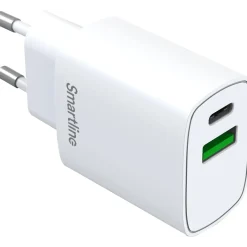 VÄGGLADDARE USB-A + USB-C PD QC SMARTLINE VIT 100-240V 20W